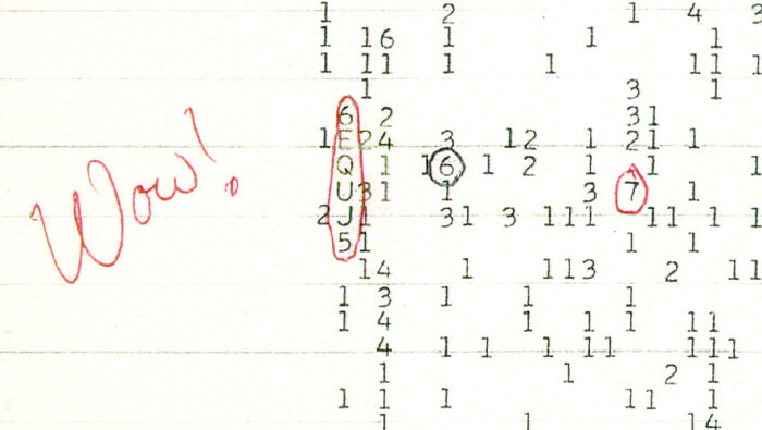 Handwritten note saying Wow on the Wow Signal printout, a famous unsolved mystery that still baffles people worldwide.