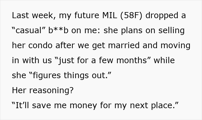 Text post describing a woman rejecting future mother-in-law&rsquo;s temporary stay plans, facing backlash before marriage.