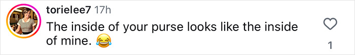Screenshot of social media comment about Jennifer Aniston’s accidental purse reveal with relatable everyday items inside. Screenshot of social media comment about Jennifer Aniston’s accidental purse reveal with relatable everyday items inside.