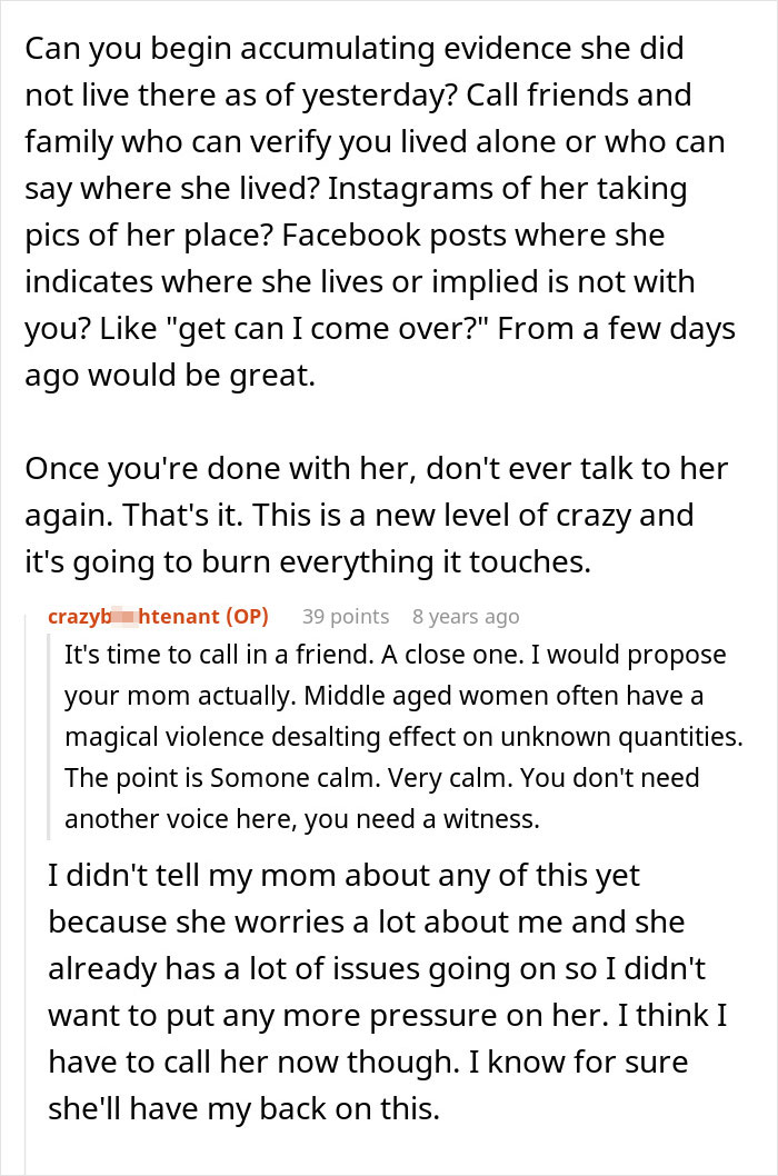 Text exchange discussing a friend breaking into house, planting belongings to prove she lives there, and seeking advice on handling situation.