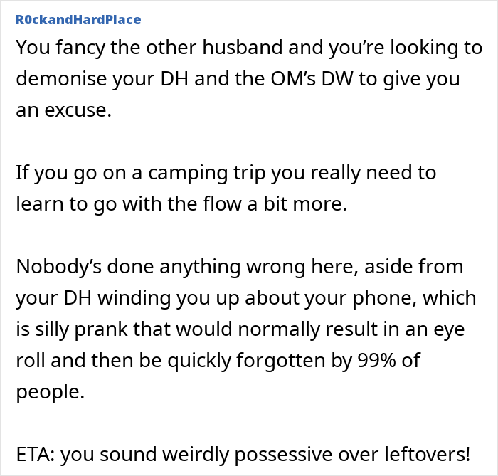 Woman regrets trip with friend and husband after plans are ruined and tensions rise during camping trip discussion.