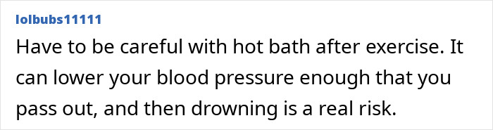 User comment warning about risks of hot baths after exercise, highlighting a common post-workout mistake causing gymgoer hospital visits.