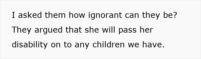 Text image showing a dialogue about a man defending his wife and cutting off his parents over disability concerns.