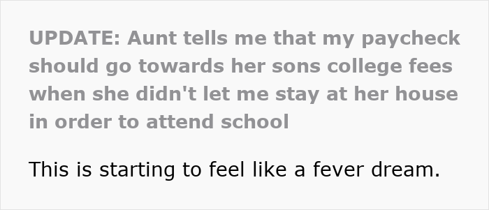 Text showing a message about an aunt demanding her nephew&rsquo;s paycheck to fund her son&rsquo;s college fees despite past neglect.