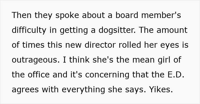 Text on a screen about a board member's difficulty with a dogsitter and office dynamics involving a new director and E.D.