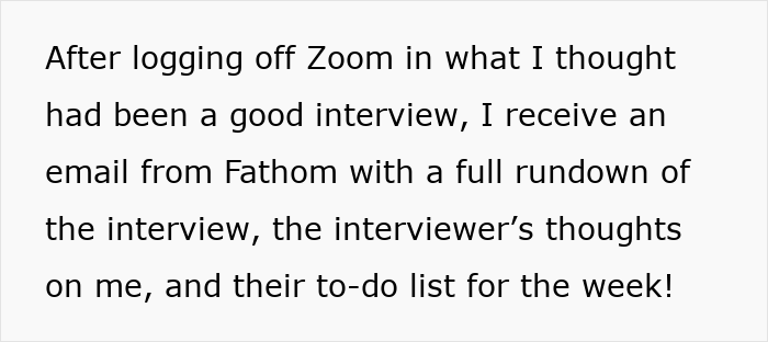 Text excerpt showing a woman receiving an email with interview feedback and an unexpected video file after her interview.