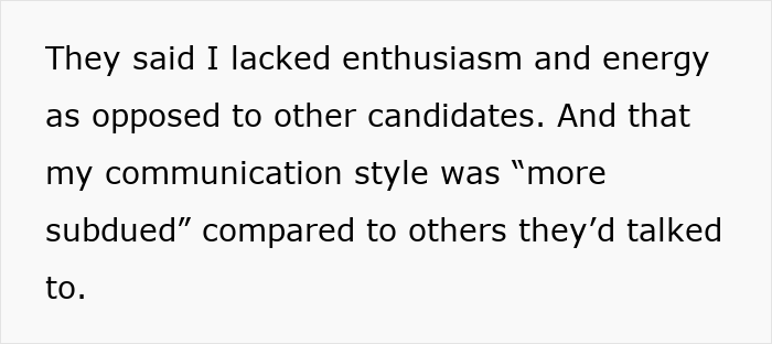 Text excerpt showing feedback about lacking enthusiasm and a subdued communication style during an interview process.