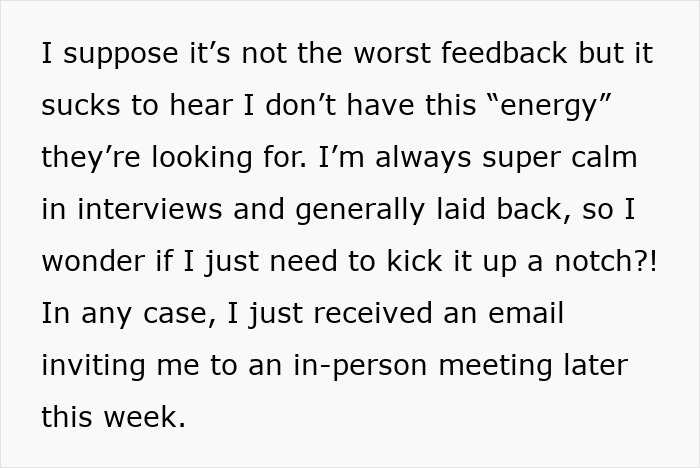 Screenshot of a woman&rsquo;s email about getting invited to a second interview after an in-person meeting invite.