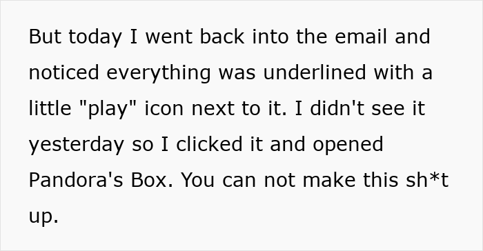 Text on screen describing a woman discovering a hidden video file in an email inviting her to a second interview.