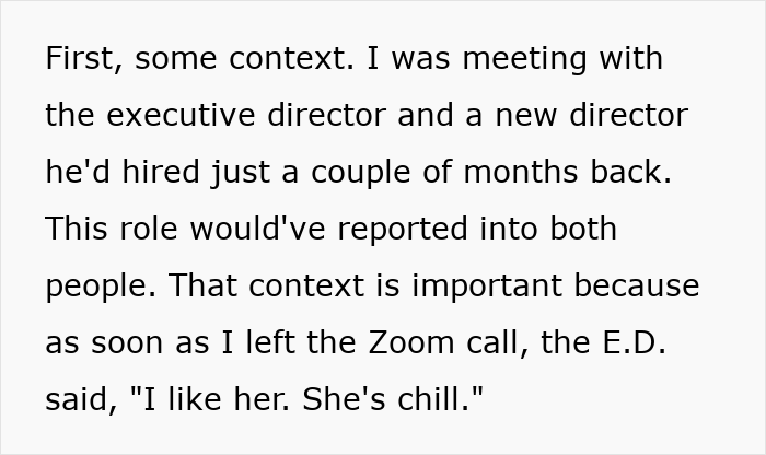 Text excerpt about a woman in a Zoom meeting with an executive director discussing a new director and job role context.