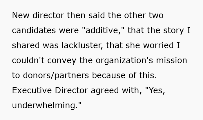 Text excerpt showing criticism by a new director and executive director about a candidate&rsquo;s interview story being underwhelming.
