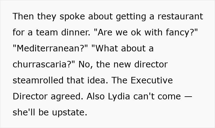 Text excerpt discussing team dinner plans and director decisions, relating to woman getting an email about a second interview and video file.