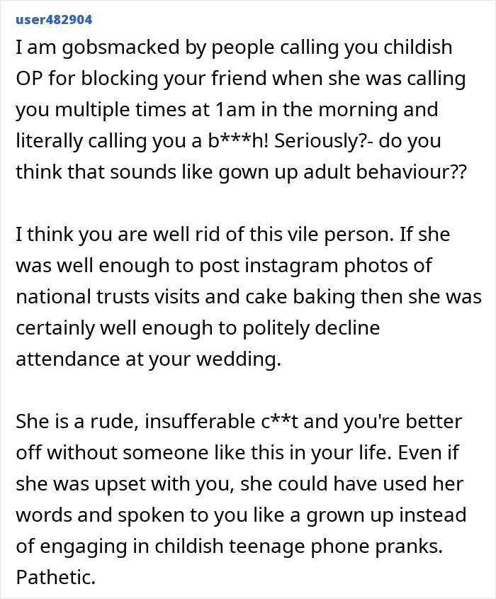 Screenshot of a Reddit comment discussing a woman turning flaky, missing a friend&rsquo;s wedding, and sending a malicious voicemail.