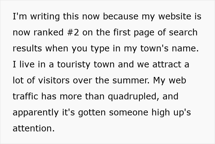 Text excerpt from a man wrongfully jailed for 54 days explaining increased website traffic and search engine ranking.