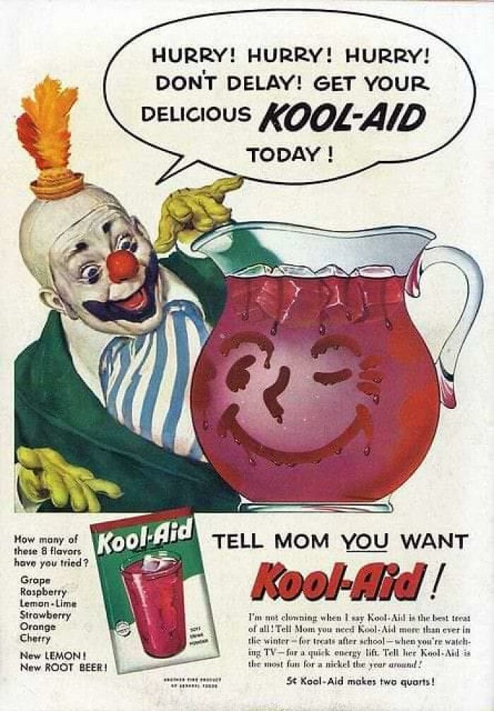 Vintage advertisement featuring Kool-Aid with a clown promoting a pitcher of red drink in a nostalgic style.