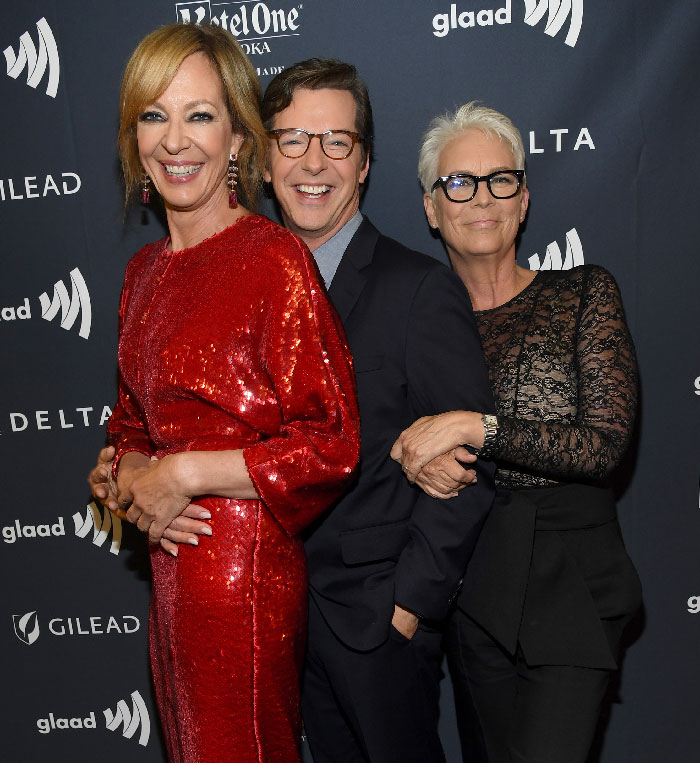 Jamie Lee Curtis and Allison Janney at a red carpet event, with Jamie reacting to Allison's pantless look.