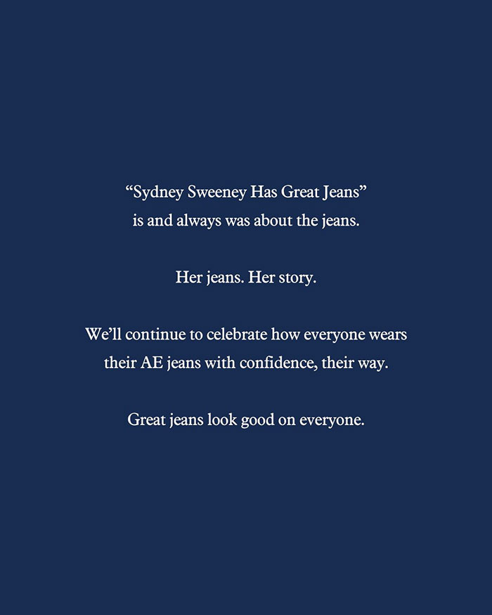 Text on a navy background discussing celebrating how everyone wears their jeans with confidence, highlighting genes with bad taste.