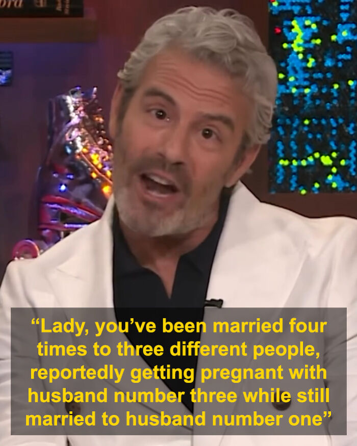Andy Cohen speaking during a TV interview while roasting anti-LGBTQ activist Kim Davis about her marriages.