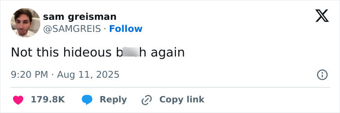 Tweet by Sam Greisman expressing strong negative opinion, related to Andy Cohen's viral roast of anti-LGBTQ activist Kim Davis.