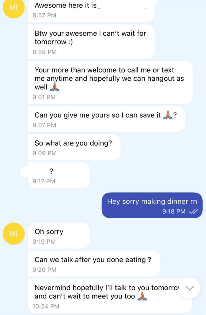 Text message conversation showing a creepy guy incessantly texting a 20-year-old female colleague persistently. Text message conversation showing a creepy guy incessantly texting a 20-year-old female colleague persistently.