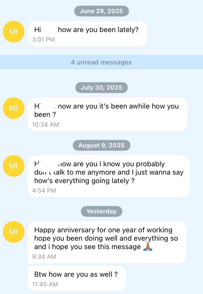 Screenshot of repeated text messages from a creepy guy persistently messaging a 20-year-old female colleague at work. Screenshot of repeated text messages from a creepy guy persistently messaging a 20-year-old female colleague at work.