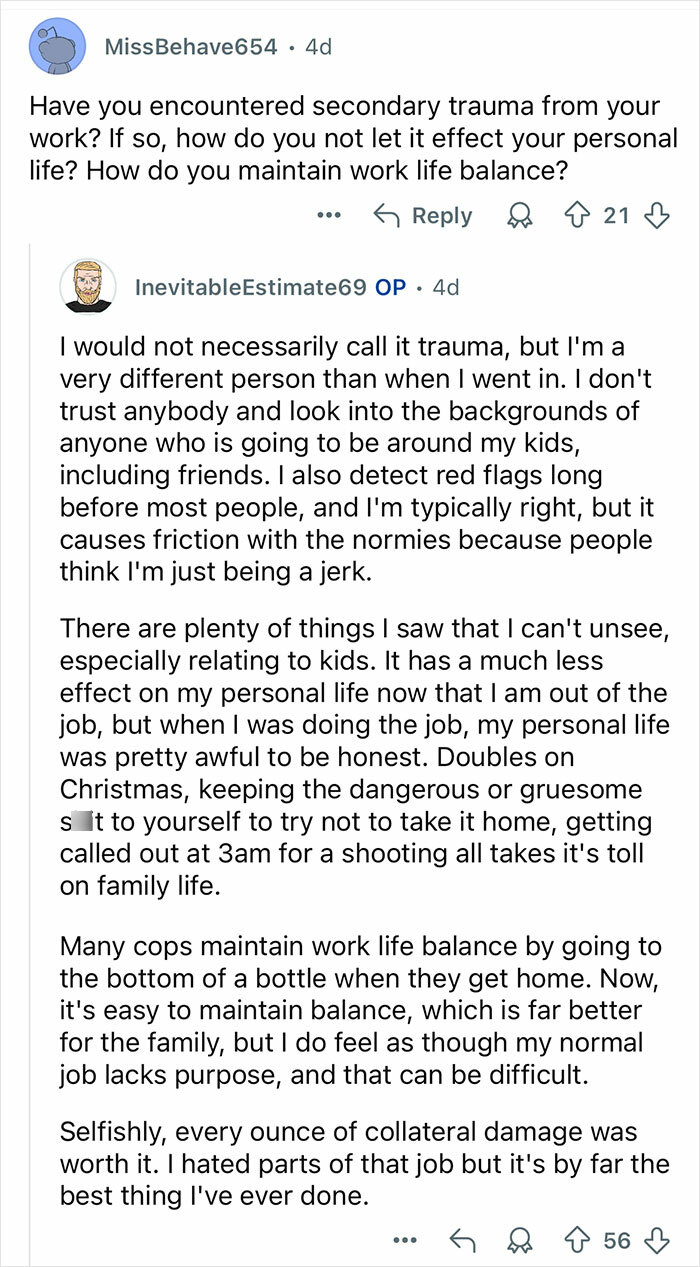 Reddit Q&A showing a retired major crimes detective discussing work life balance and secondary trauma effects.