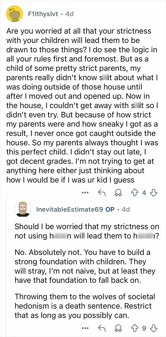 Screenshot of an online forum discussion where a retired major crimes detective answers questions about strict parenting and child behavior.