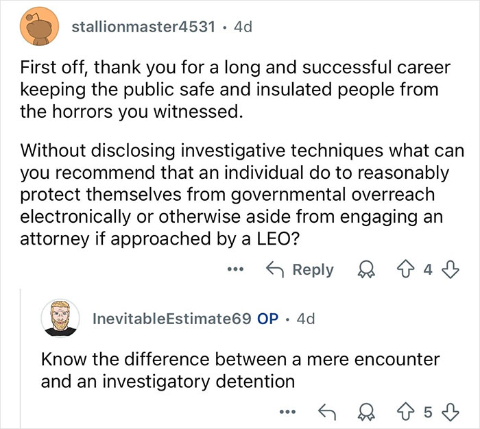 Reddit conversation with a retired major crimes detective answering questions about investigative detention and legal protections.