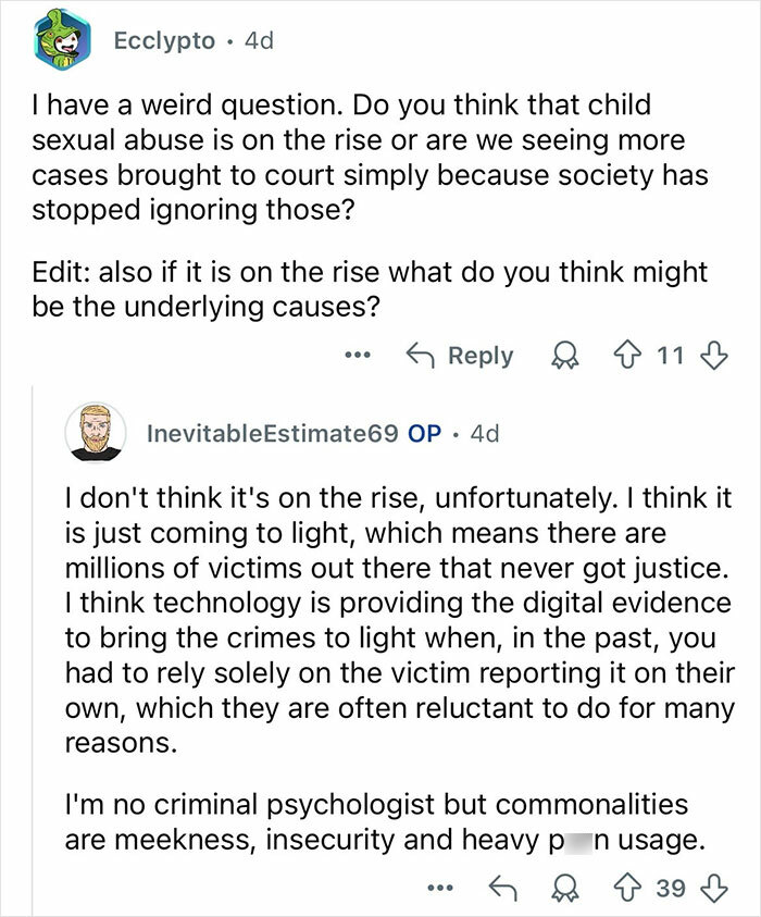 Reddit conversation with a retired major crimes detective discussing rising child a***e cases and underlying causes.