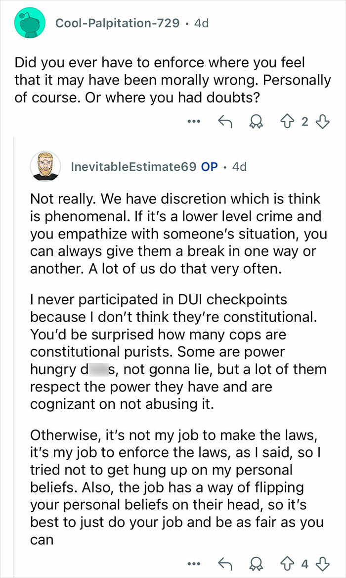 Online Q&A showing a retired major crimes detective discussing law enforcement discretion and moral challenges.