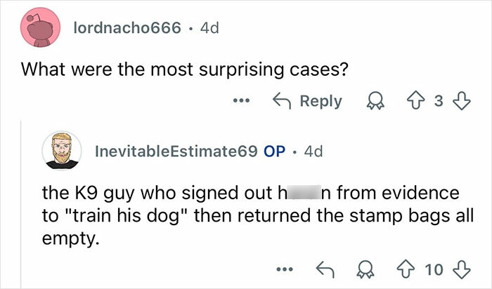 Reddit conversation with retired major crimes detective answering questions about surprising cases involving evidence tampering.