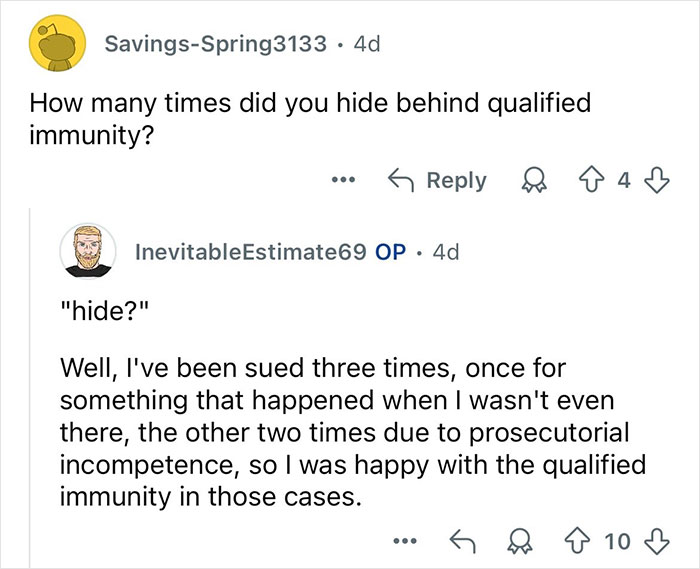 Screenshot of an online Q&A where a retired major crimes detective discusses qualified immunity and legal experiences.