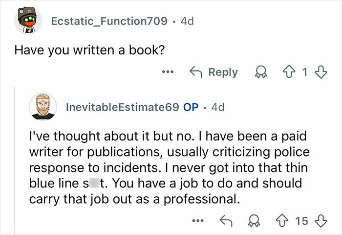 Screenshot of an online Q&A where a retired major crimes detective discusses being a paid writer for publications.