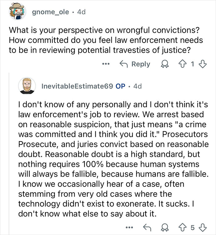 Reddit conversation showing a retired major crimes detective answering questions about wrongful convictions and law enforcement.