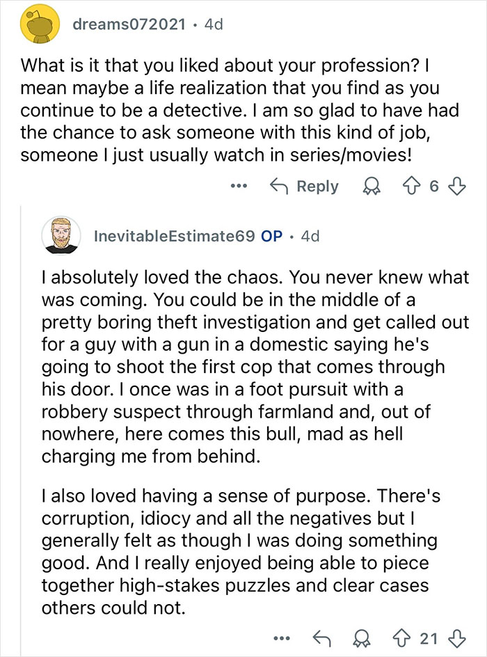 Reddit conversation with a retired major crimes detective sharing experiences and answering questions online.
