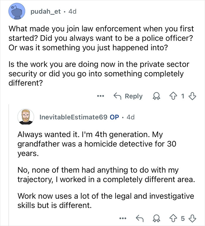 Reddit Q&A showing a retired major crimes detective discussing law enforcement and private sector work.