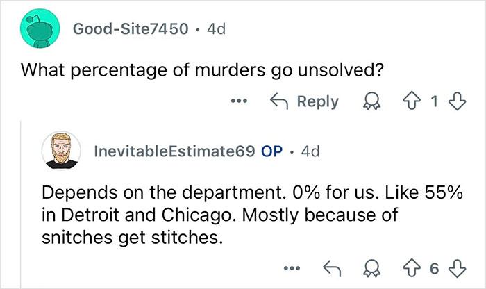 Online Q&A discussion showing retired major crimes detective answering questions about m****r case statistics.