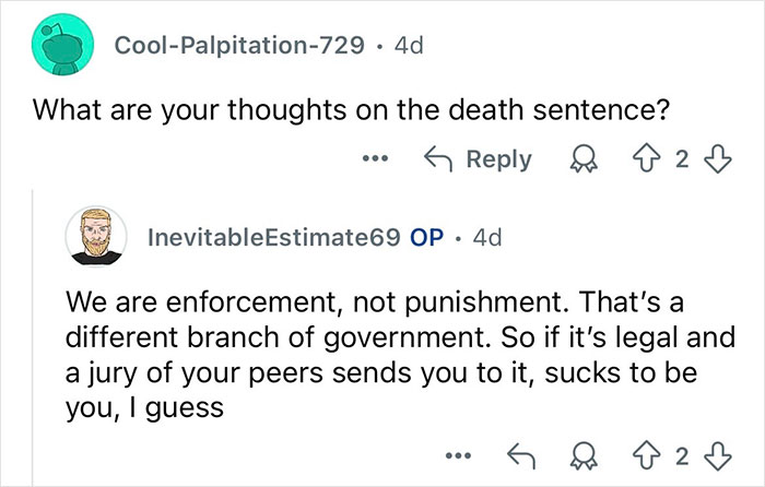 Screenshot of an online Q&A featuring a retired major crimes detective answering user questions about death sentence views.