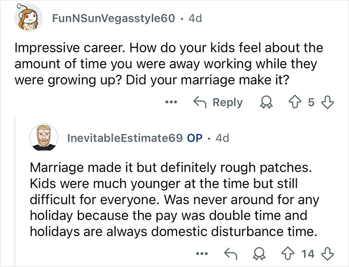 Reddit Q&A showing a retired major crimes detective discussing work-life balance and family challenges.