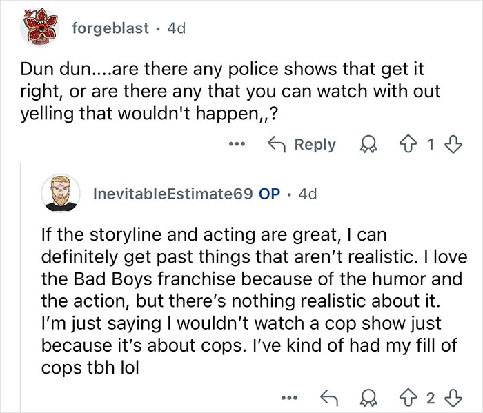 Reddit conversation discussing police shows and realism, shared by a retired major crimes detective online.