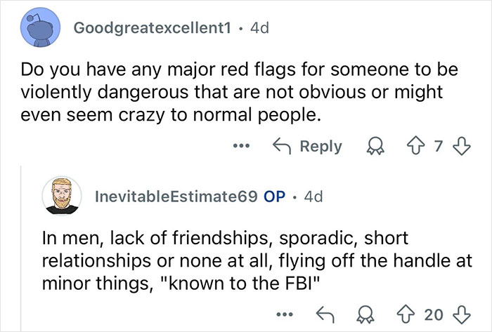 Screenshot of a retired major crimes detective answering online questions about red flags in dangerous individuals.