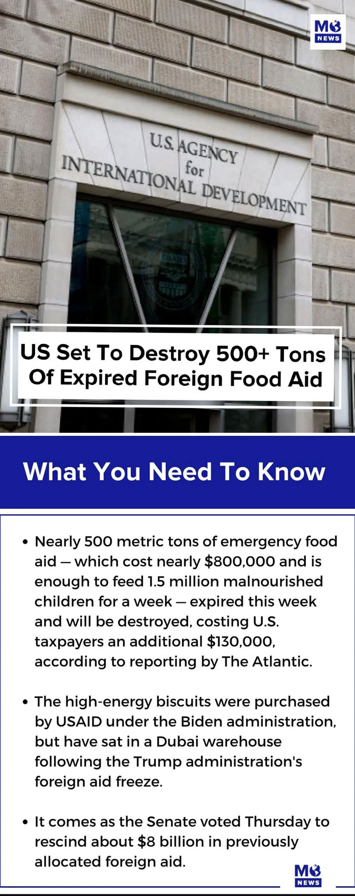 Entrance of U.S. Agency for International Development building with text about destroying expired foreign food aid showing consumerism impact