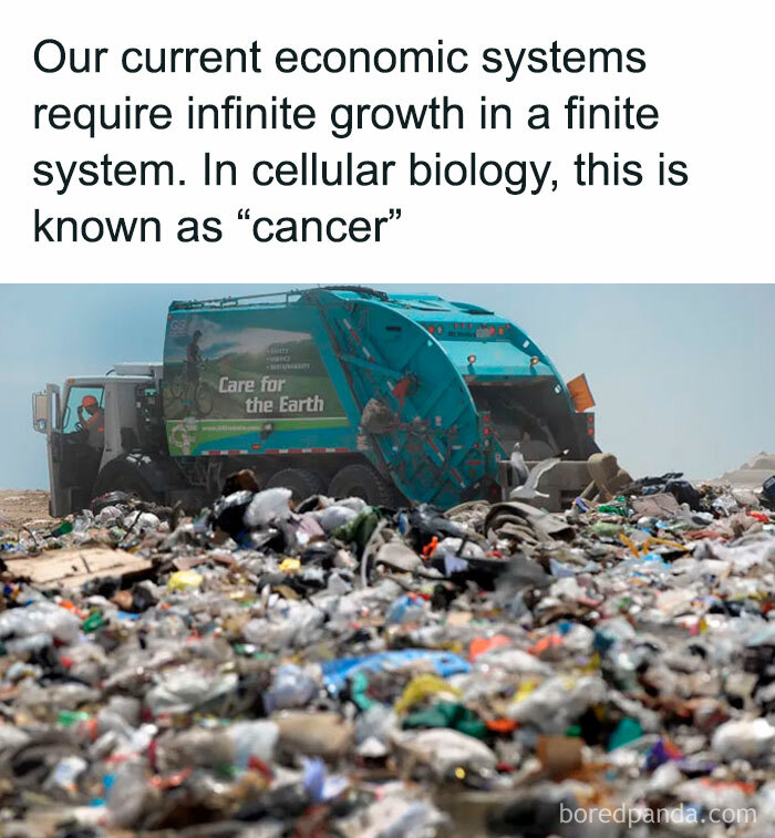 Garbage truck at a landfill surrounded by piles of trash illustrating the impact of consumerism on the environment.