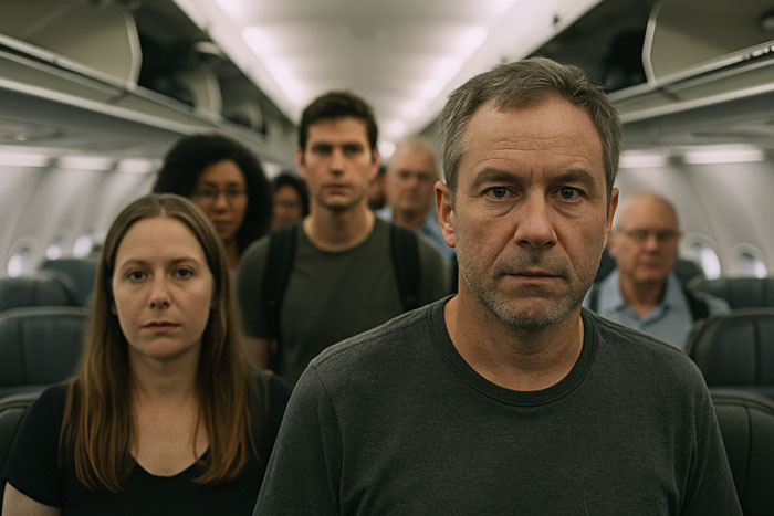 Passengers standing in airplane aisle with tense expressions as lady wants passenger's aisle seat and pretends to be asleep. Passengers standing in airplane aisle with tense expressions as lady wants passenger's aisle seat and pretends to be asleep.