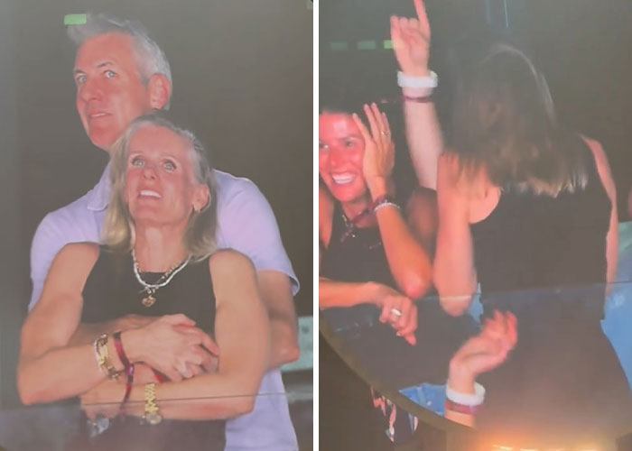 Chris Martin embracing a woman on the left, while people celebrate and dance on the right capturing the cheating scandal controversy.