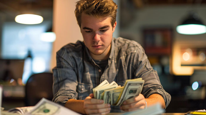 Young man counting cash at a table, illustrating nephew ignoring until job and salary supporting aunt&rsquo;s son education conflict.