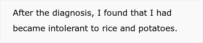 Text slide showing a person sharing they became intolerant to rice and potatoes after a diagnosis.