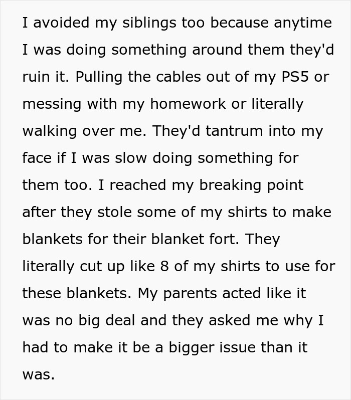 Text excerpt describing a guy refusing to babysit siblings after years of mistreatment and neglect by family members. Text excerpt describing a guy refusing to babysit siblings after years of mistreatment and neglect by family members.