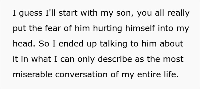 Text excerpt showing a dad describing a difficult conversation with his gay son about fears of self-harm and emotional struggles.