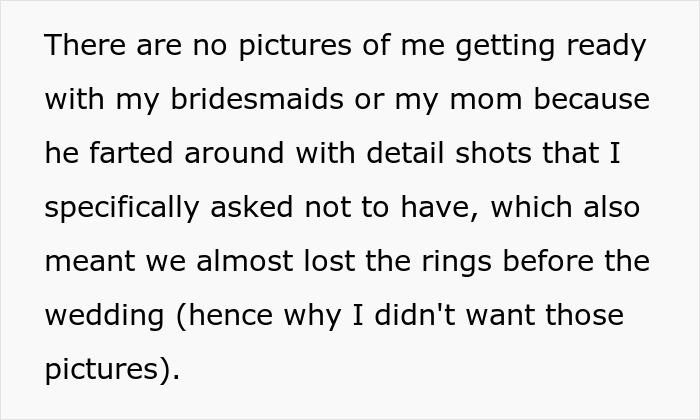 Text about bride disappointed with $3K wedding photographer for unwanted detail shots and missing ring photos.